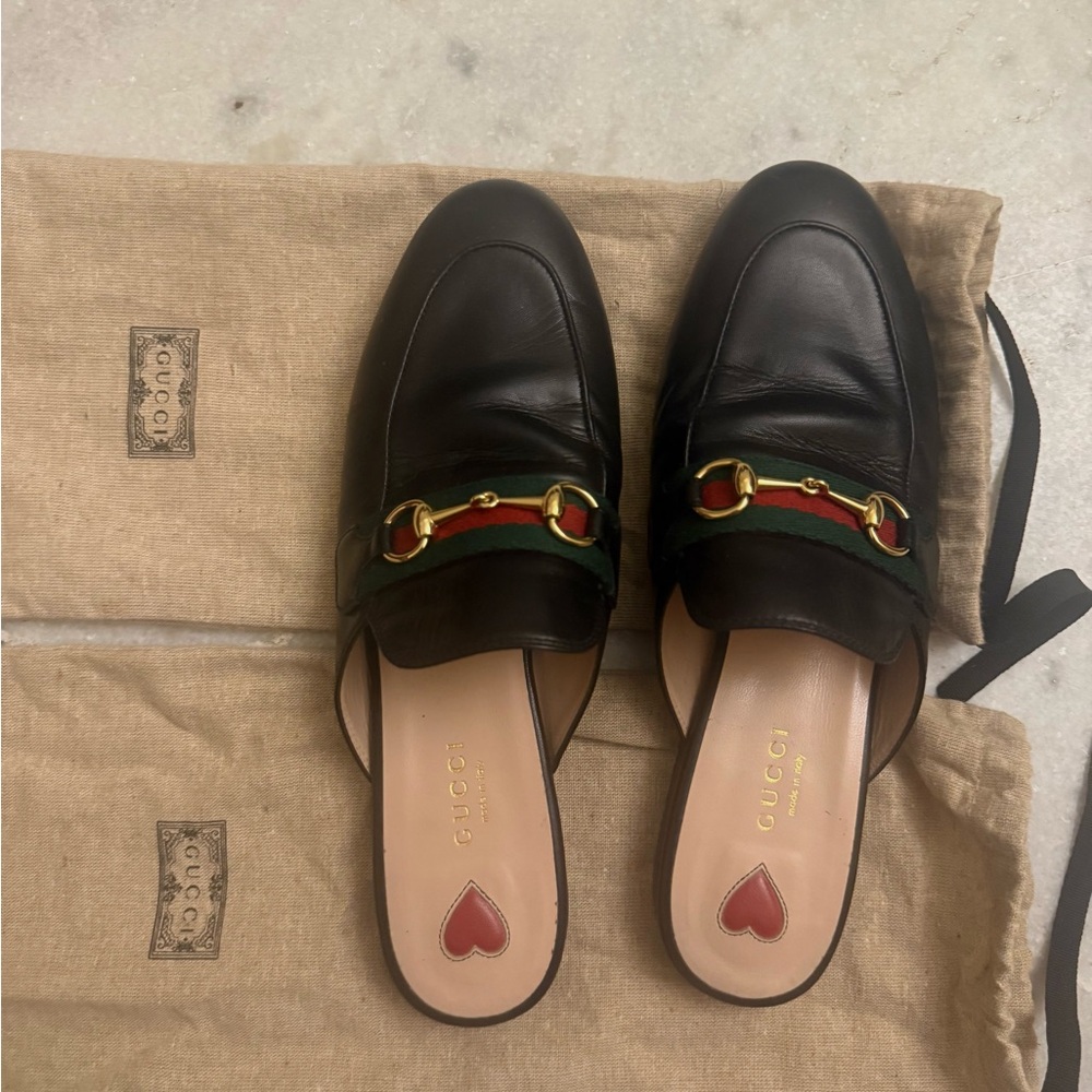 Gucci Black Leather Mules with Gold and Green Details